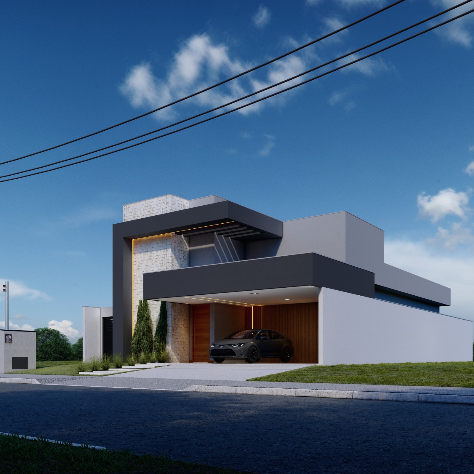 Casa com volume suspenso e garagem