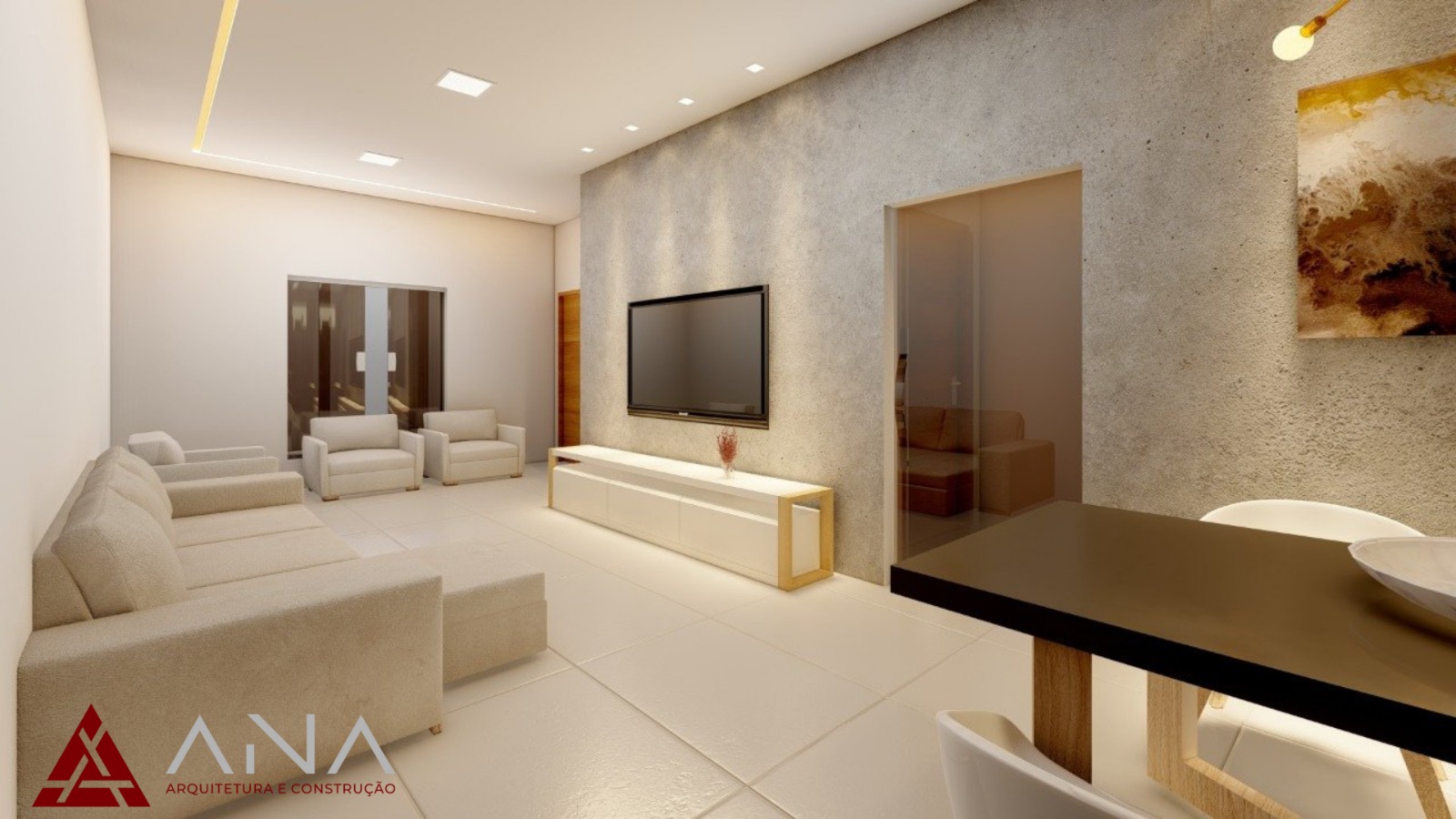 Sala integrada com iluminação embutida