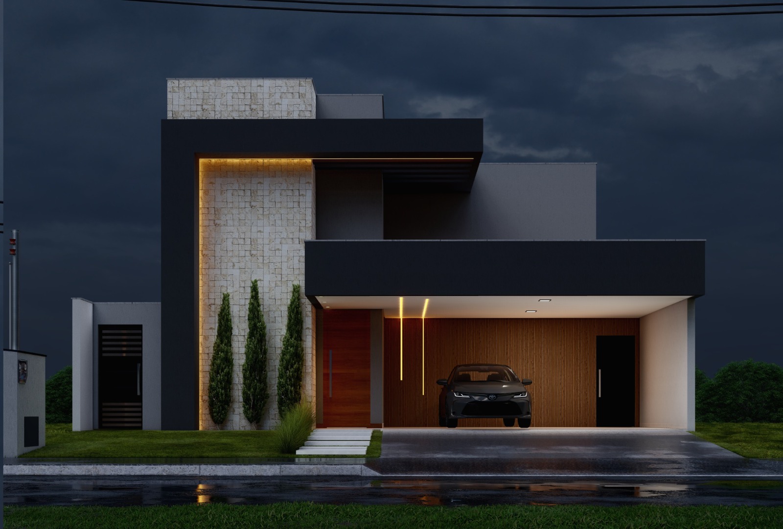 Fachada contemporânea com iluminação noturna